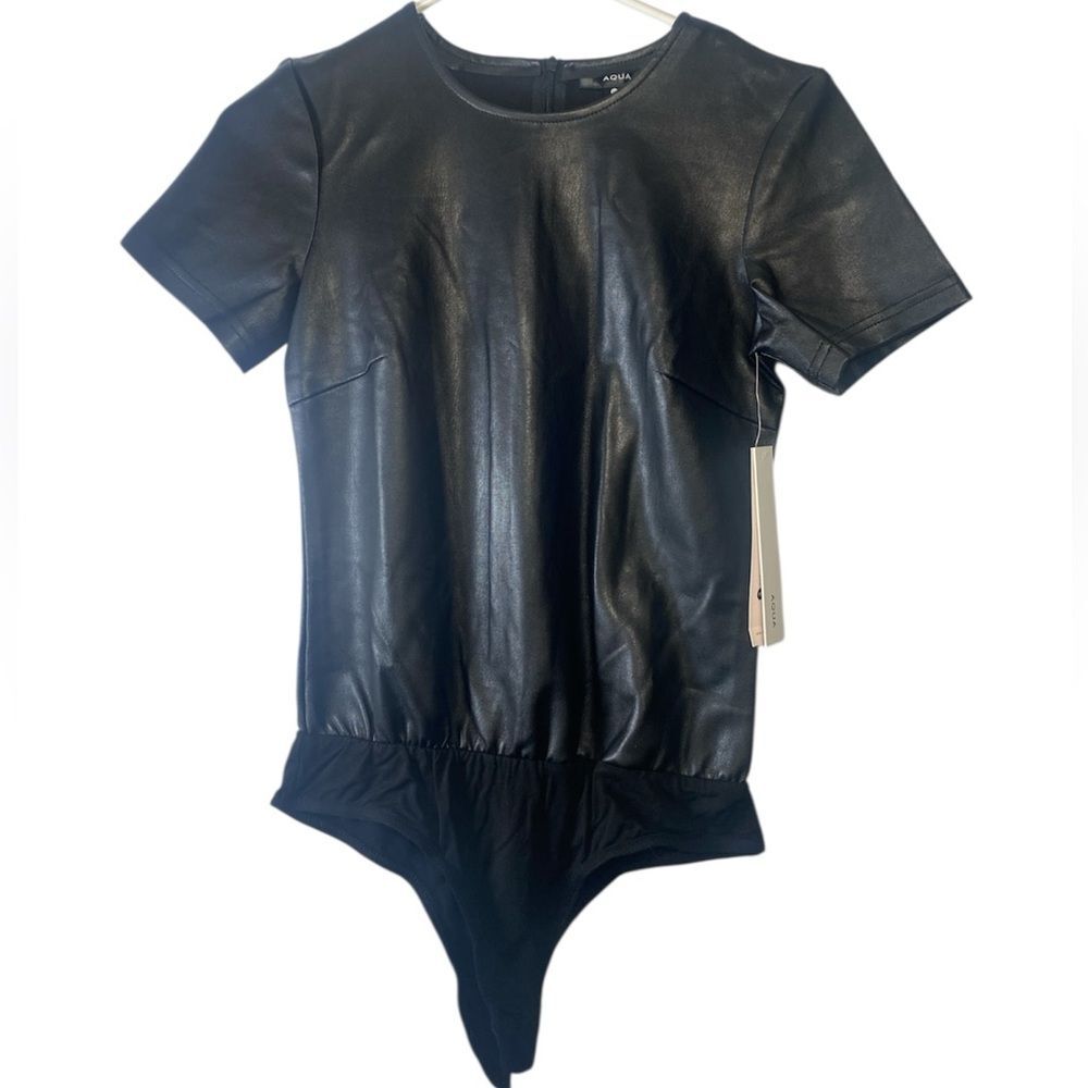 Aqua Jet Black Leather-Look Bodysuit